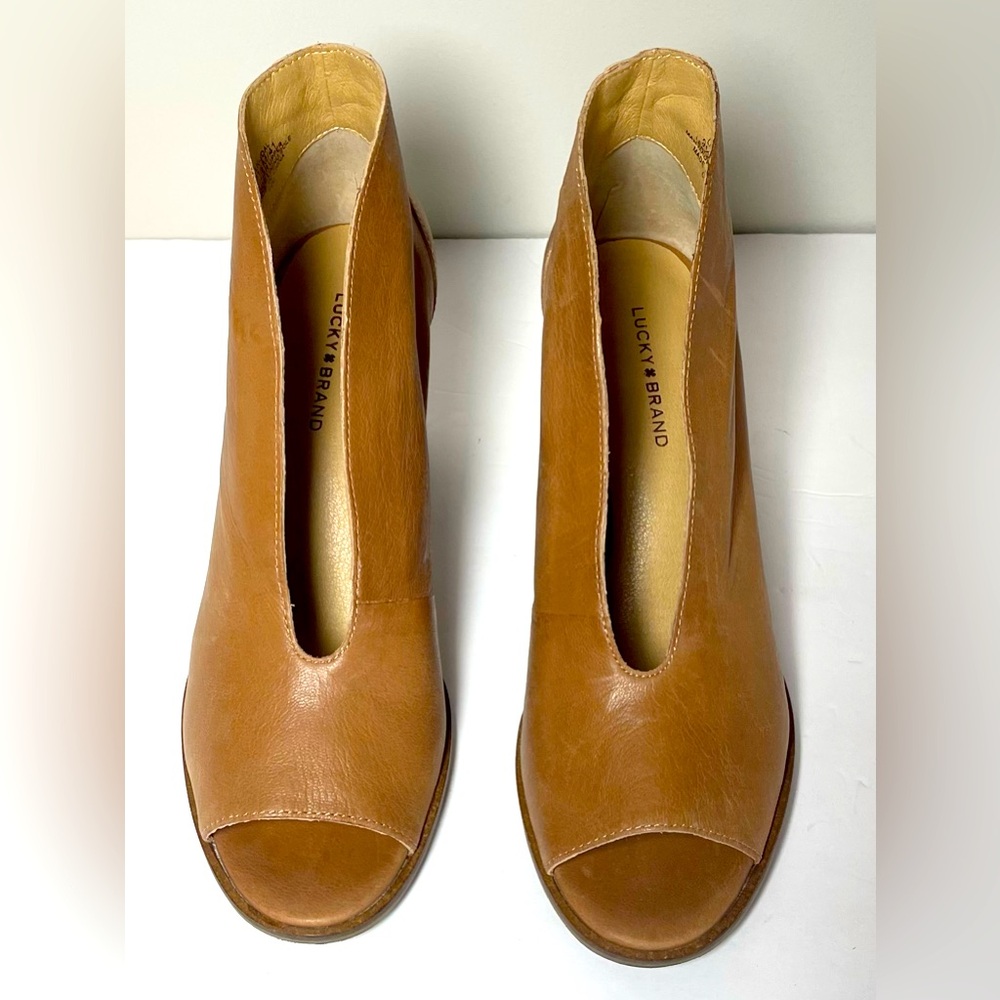 Lucky Brand L.K. Joal Peep Toe Leather Booties Tan 9.5M Block Heel Fall